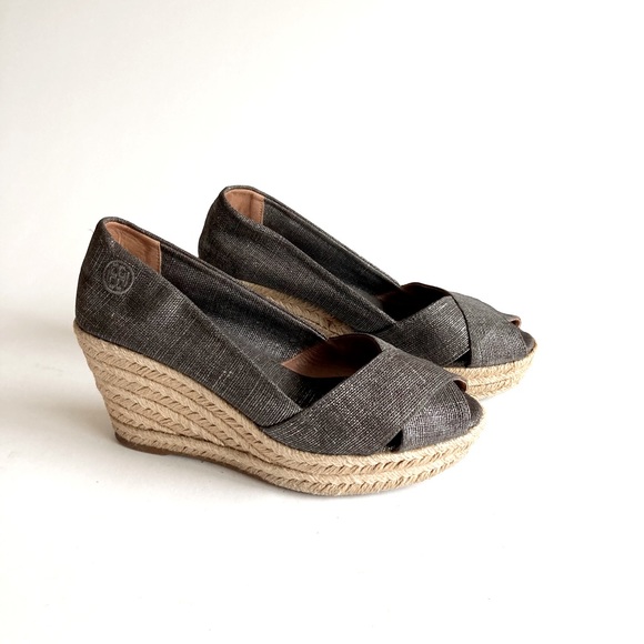 Tory Burch Grey Silver Fabric Espadrille Heeled Wedges size 8 - Picture 1 of 14